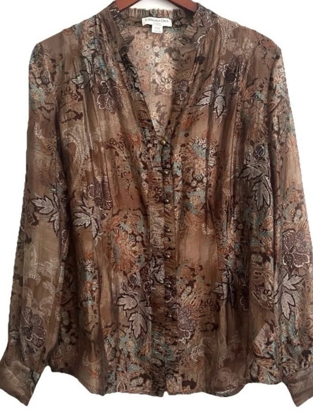 Coldwater Creek Semi Sheer Blouse L Brown Button Ruffle Floral Whimsigoth Boho